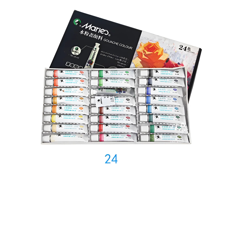 Boxed set of Marley gouache paint tubes in 12, 18, and 24 colour options.