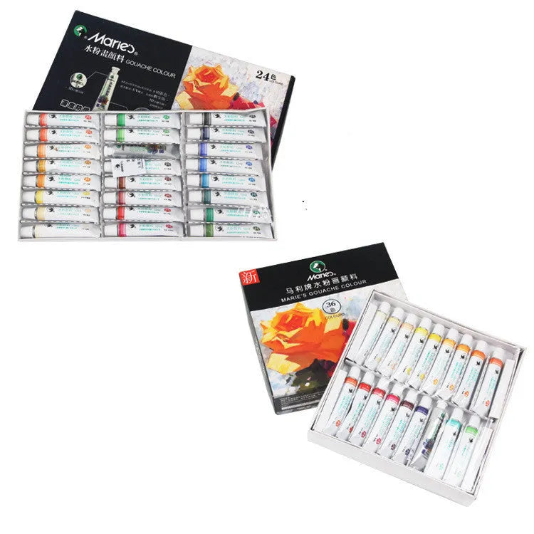Boxed set of Marley gouache paint tubes in 12, 18, and 24 colour options.