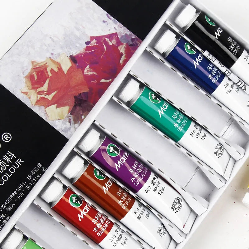 Boxed set of Marley gouache paint tubes in 12, 18, and 24 colour options.