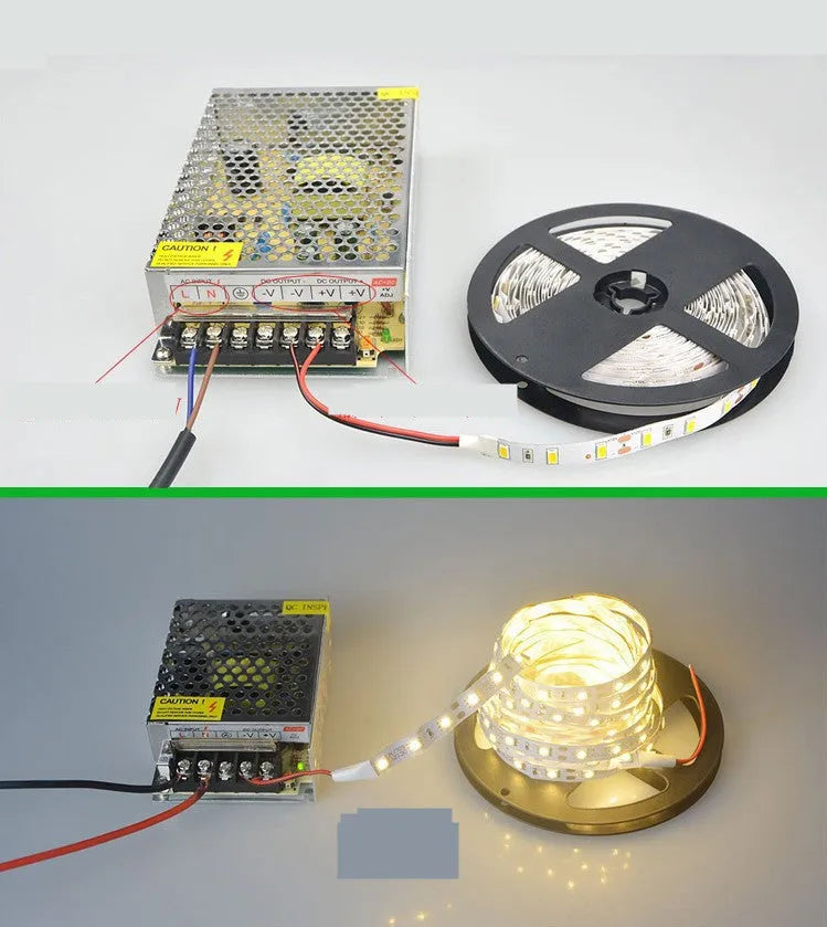 Flexible white LED strip light coiled on a reel, showing close-up of 2835 and 5050 LEDs for shelf lighting.