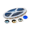 Flexible white LED strip light coiled on a reel, showing close-up of 2835 and 5050 LEDs for shelf lighting.