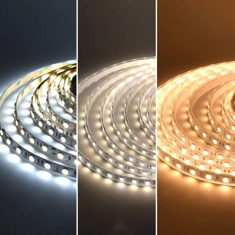 Flexible white LED strip light coiled on a reel, showing close-up of 2835 and 5050 LEDs for shelf lighting.