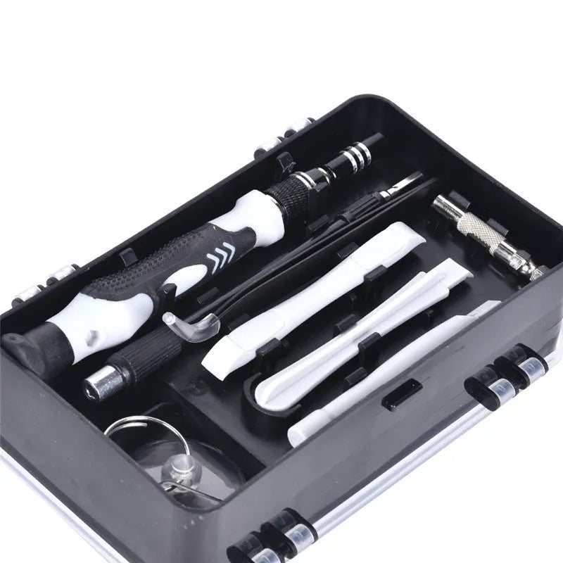 117-in-1 magnetic chrome vanadium steel screwdriver set with flexible extension rod in a storage case.