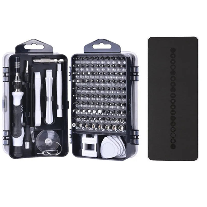 117-in-1 magnetic chrome vanadium steel screwdriver set with flexible extension rod in a storage case.