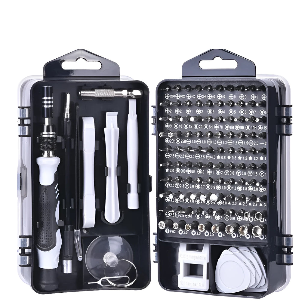 117-in-1 magnetic chrome vanadium steel screwdriver set with flexible extension rod in a storage case.