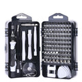 117-in-1 magnetic chrome vanadium steel screwdriver set with flexible extension rod in a storage case.