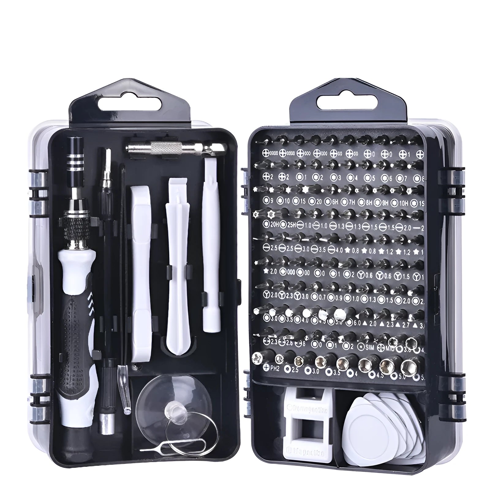 117-in-1 magnetic chrome vanadium steel screwdriver set with flexible extension rod in a storage case.