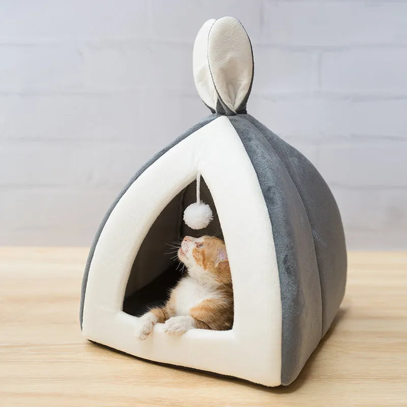 Grey cloth cat house villa bed for small pets showing enclosed design