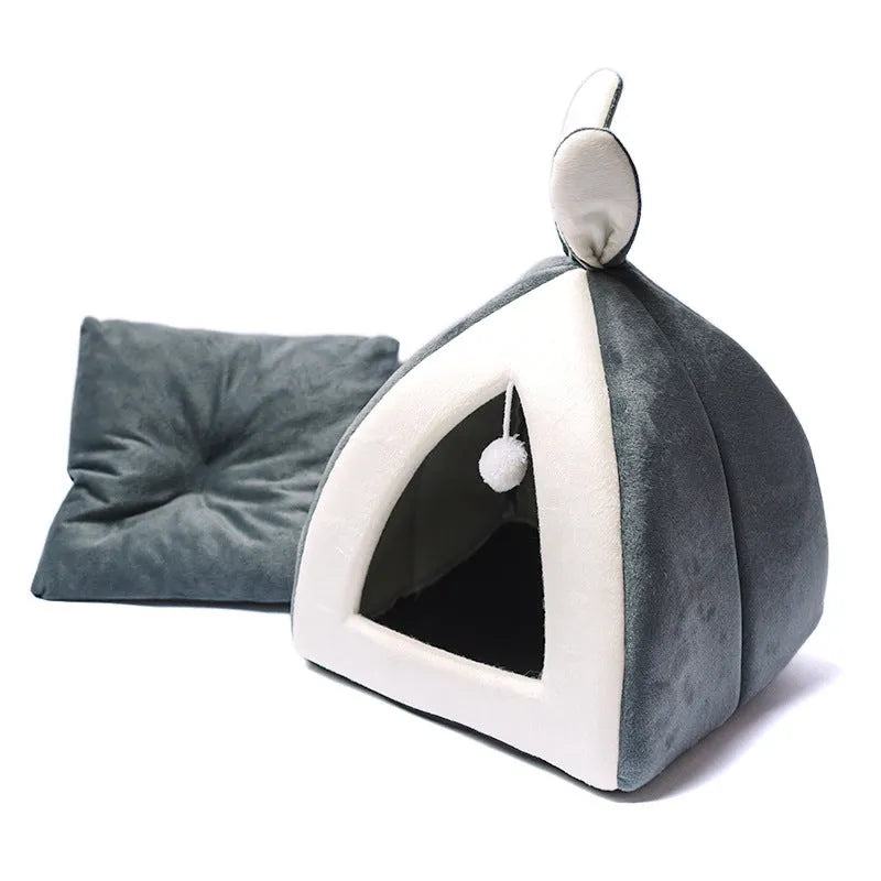 Grey cloth cat house villa bed for small pets showing enclosed design