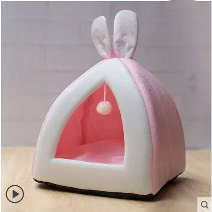 Grey cloth cat house villa bed for small pets showing enclosed design