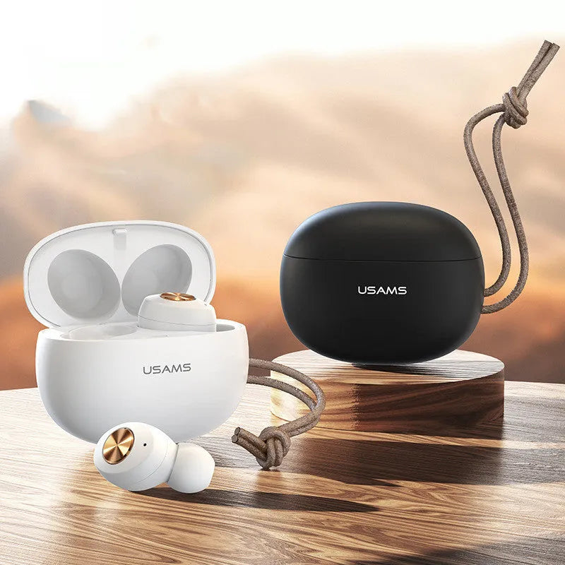 Pebble Series Wireless Bluetooth TWS earbuds in white, black and dark green colours with compact charging case.