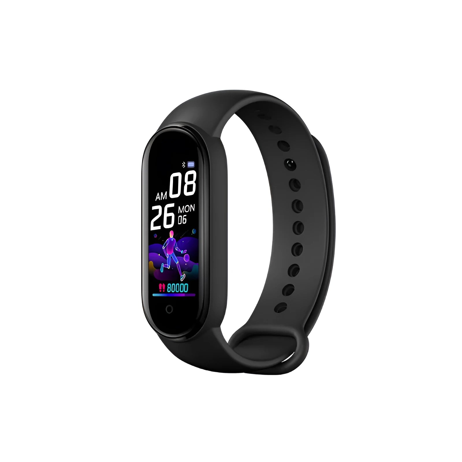 M5 smart bracelet in black on a wrist, showing the 0.96-inch touch screen displaying heart rate data.