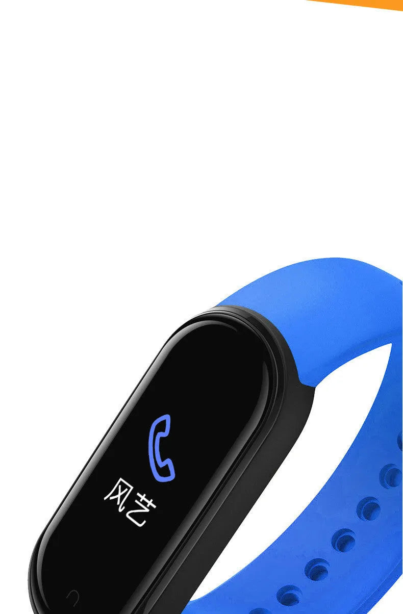M5 smart bracelet in black on a wrist, showing the 0.96-inch touch screen displaying heart rate data.