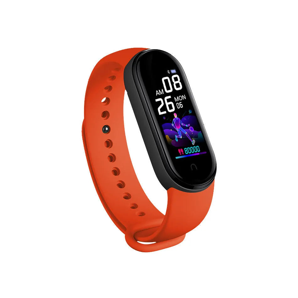 M5 smart bracelet in black on a wrist, showing the 0.96-inch touch screen displaying heart rate data.