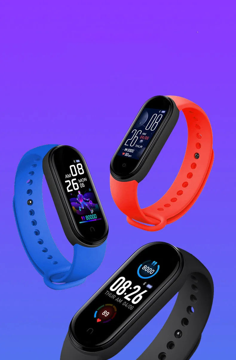 M5 smart bracelet in black on a wrist, showing the 0.96-inch touch screen displaying heart rate data.