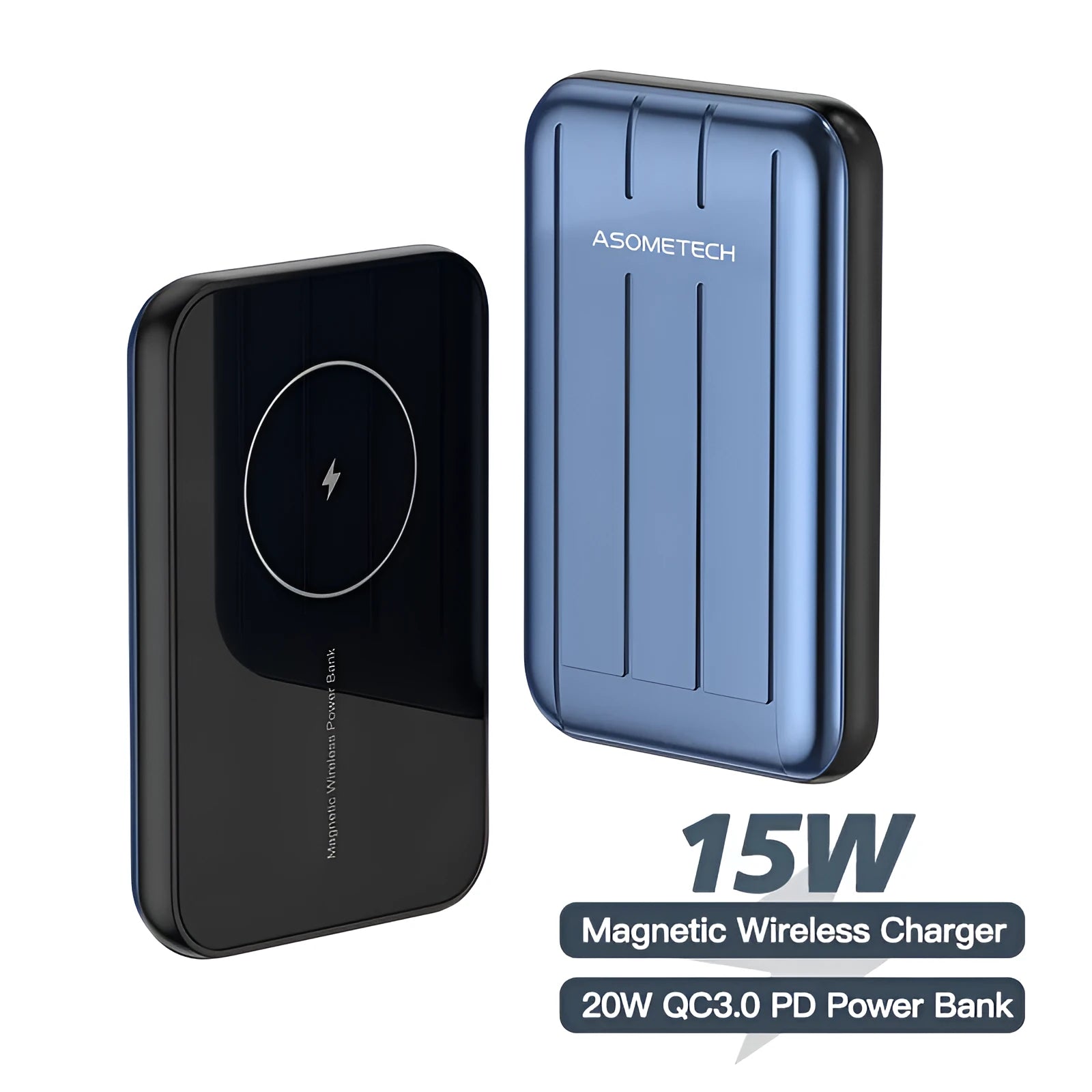 Blue acrylic magnetic wireless charger power bank for iPhone 12 showing USB port.