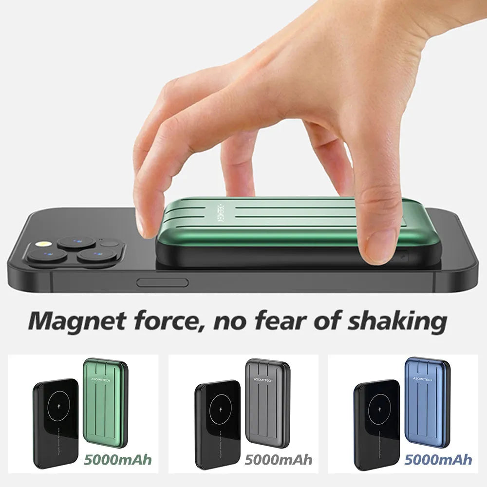 Blue acrylic magnetic wireless charger power bank for iPhone 12 showing USB port.