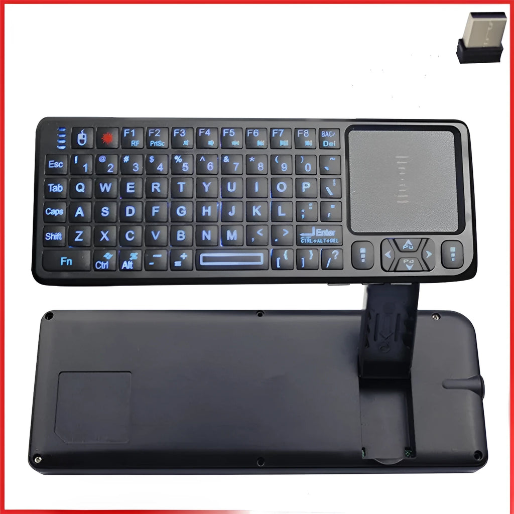 Black laser teaching mini keyboard with integrated touch screen showing wireless USB receiver