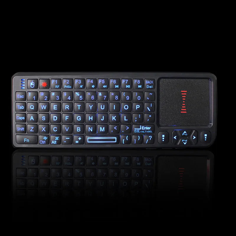 Black laser teaching mini keyboard with integrated touch screen showing wireless USB receiver
