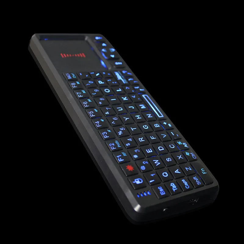 Black laser teaching mini keyboard with integrated touch screen showing wireless USB receiver