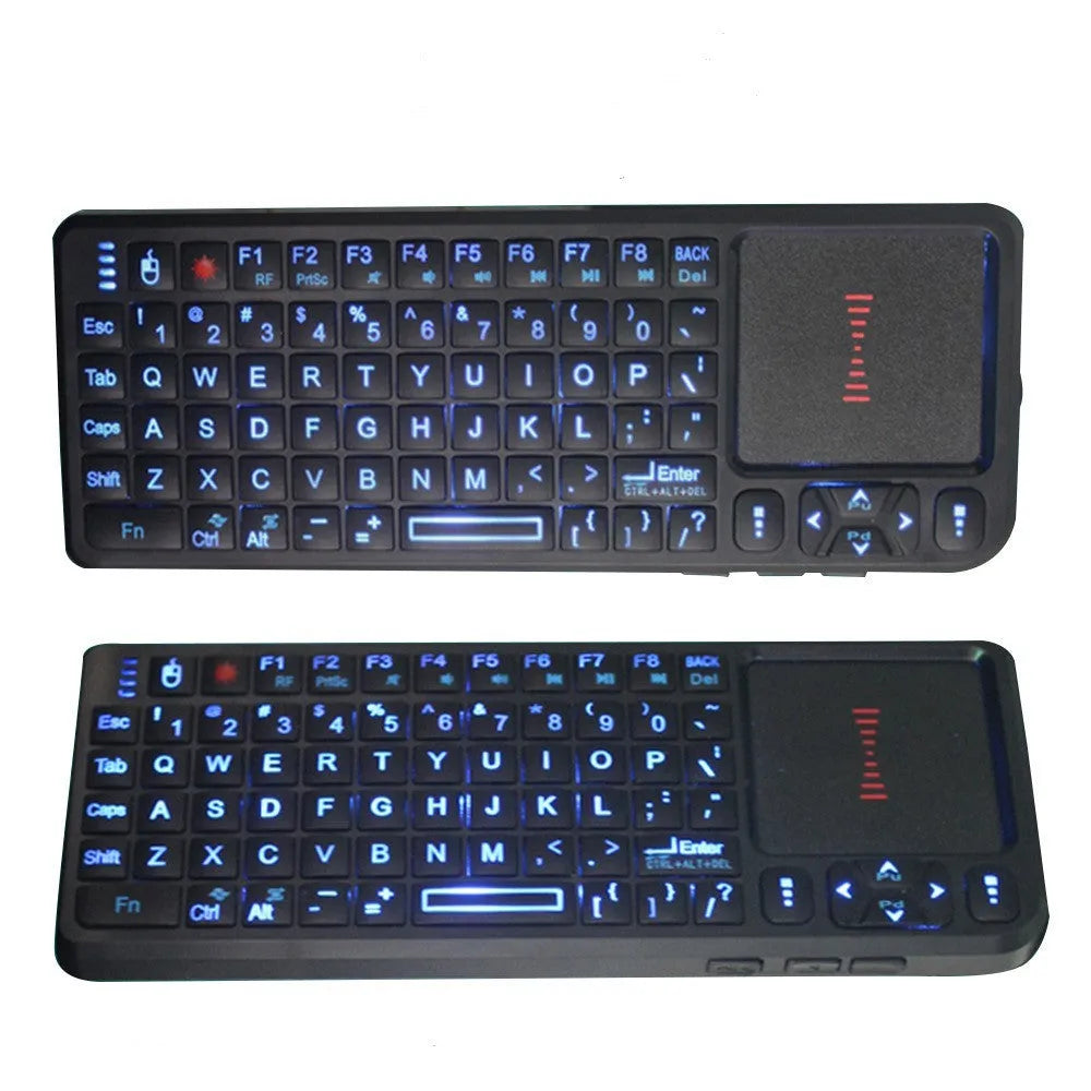 Black laser teaching mini keyboard with integrated touch screen showing wireless USB receiver