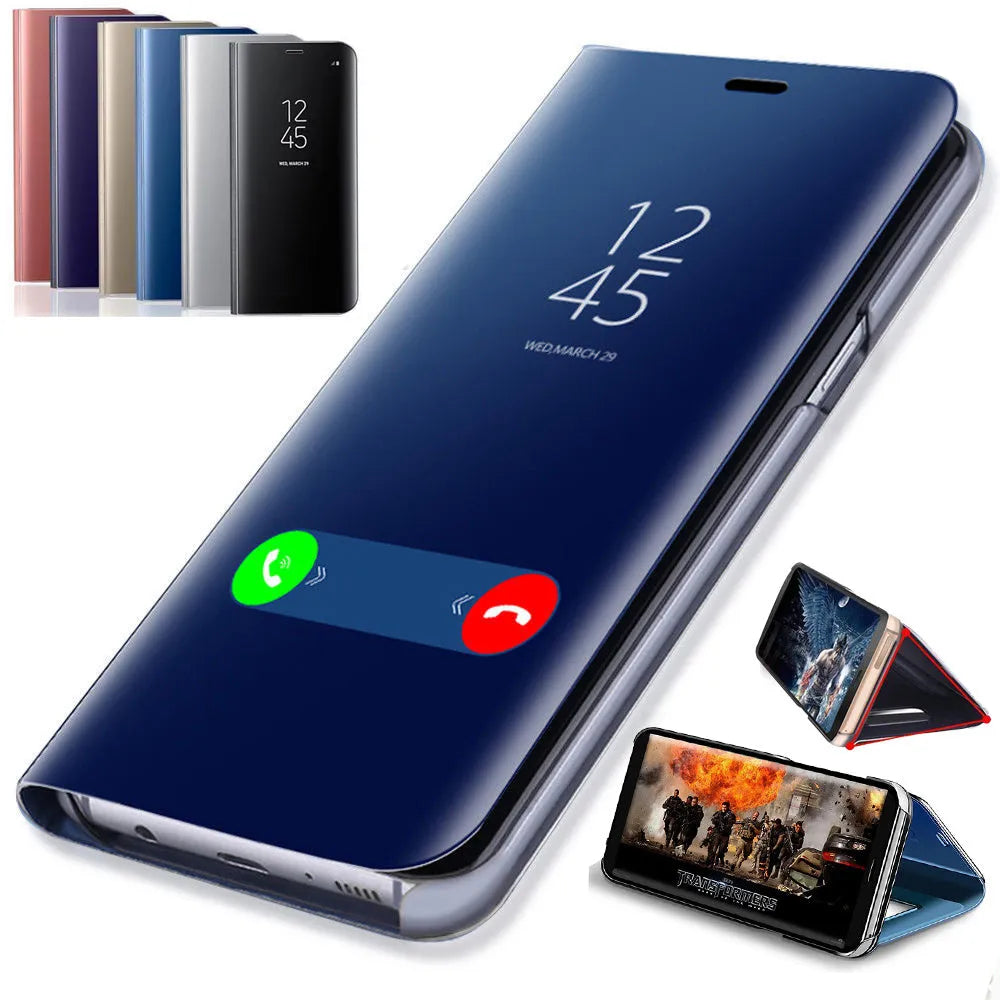 Black Samsung Galaxy mirror flip case with kickstand open, showing phone and interior mirror.