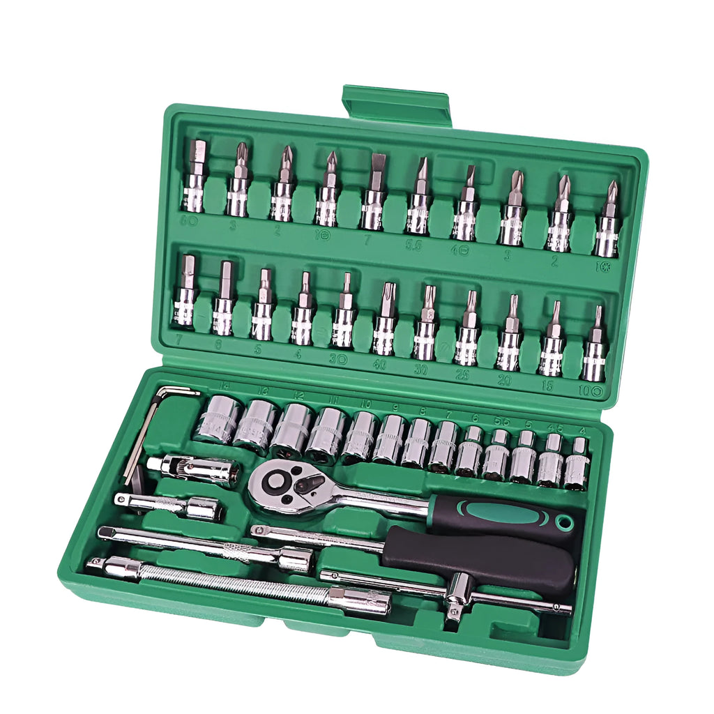 Green plastic case containing 46-piece metric socket set with alloy steel ratchet wrench and combination tools for automotive repair