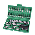 Green plastic case containing 46-piece metric socket set with alloy steel ratchet wrench and combination tools for automotive repair