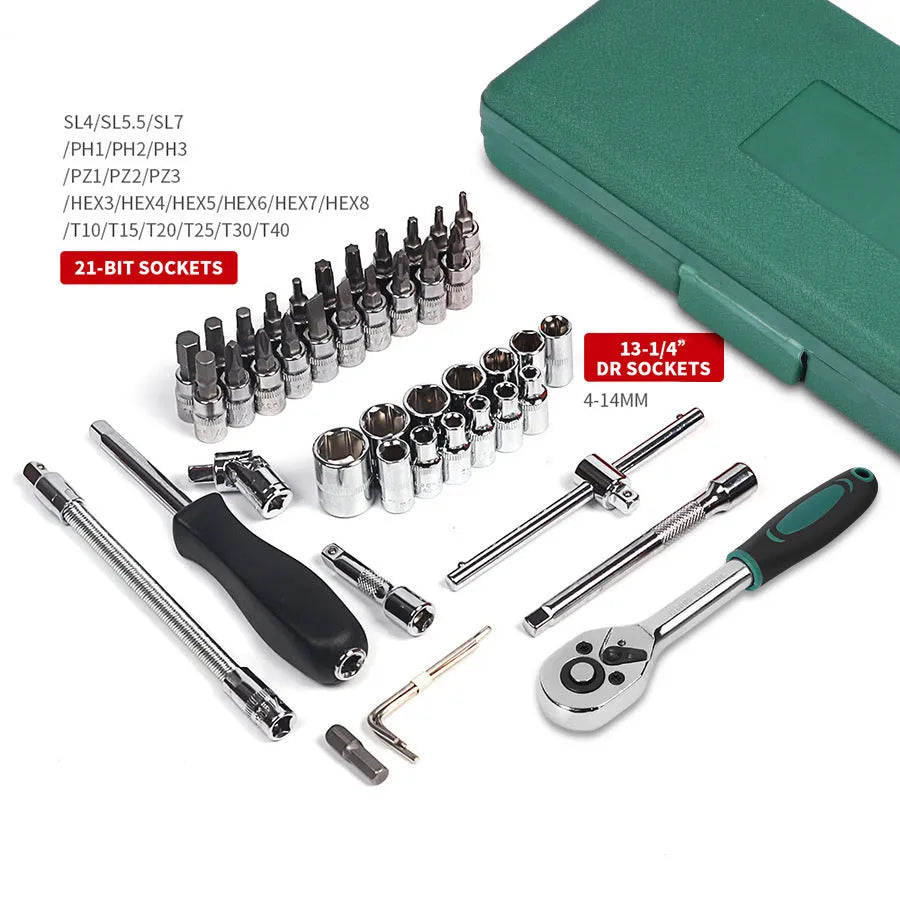 Green plastic case containing 46-piece metric socket set with alloy steel ratchet wrench and combination tools for automotive repair