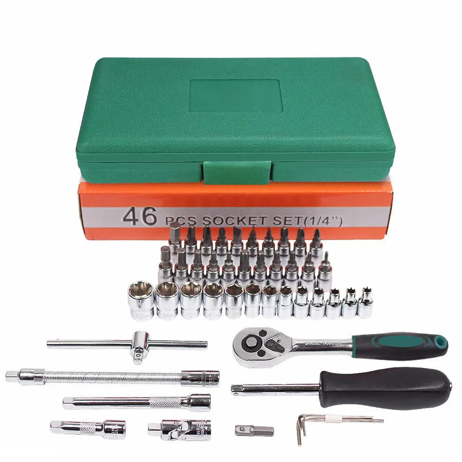 Green plastic case containing 46-piece metric socket set with alloy steel ratchet wrench and combination tools for automotive repair