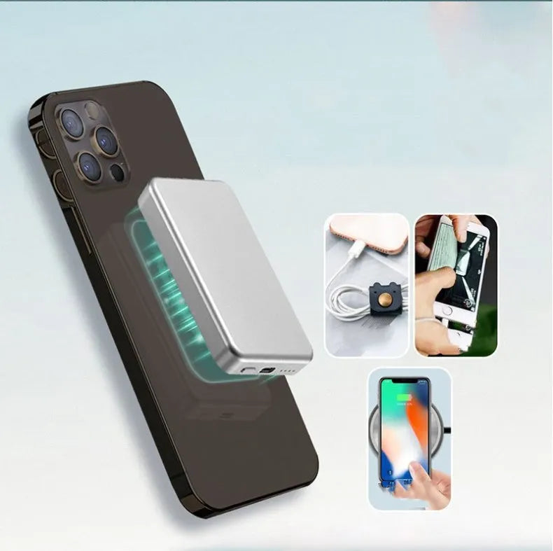 Silver aluminium magnetic wireless power bank next to a mobile phone, showing slim 12mm profile.