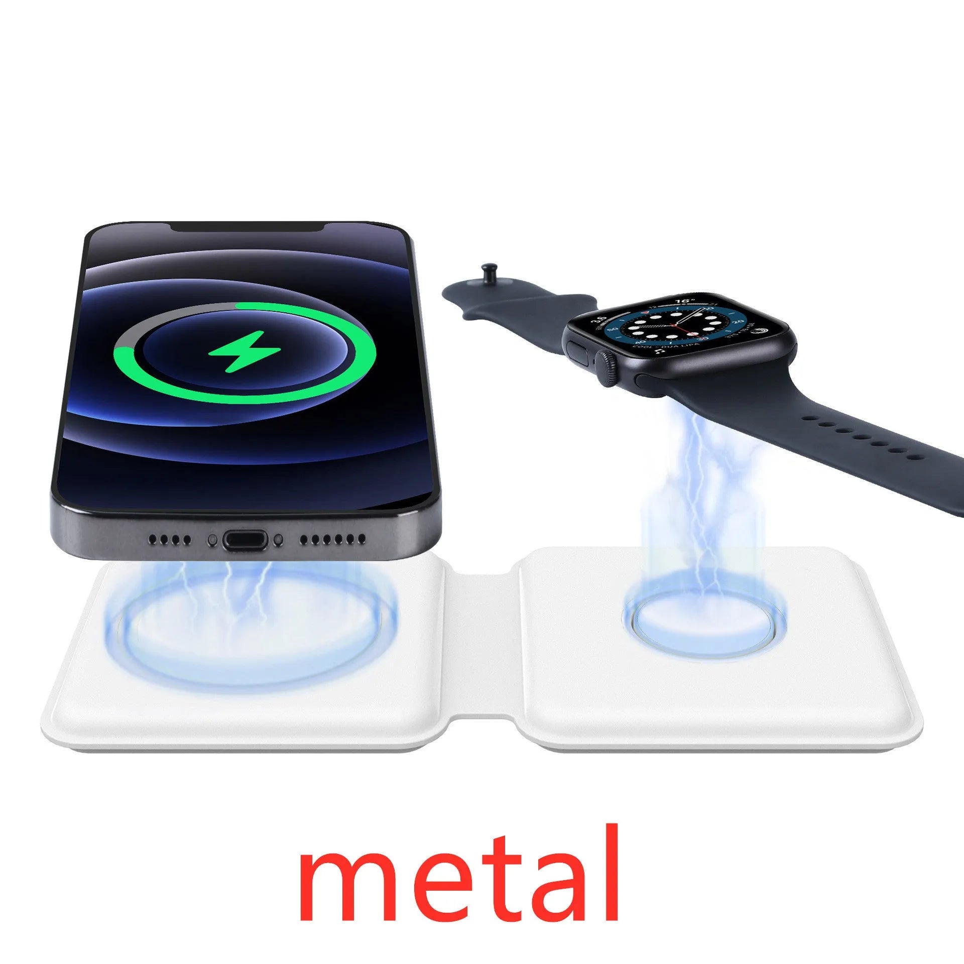 White foldable magnetic wireless charging dock showing dual charging surfaces and Type-C port