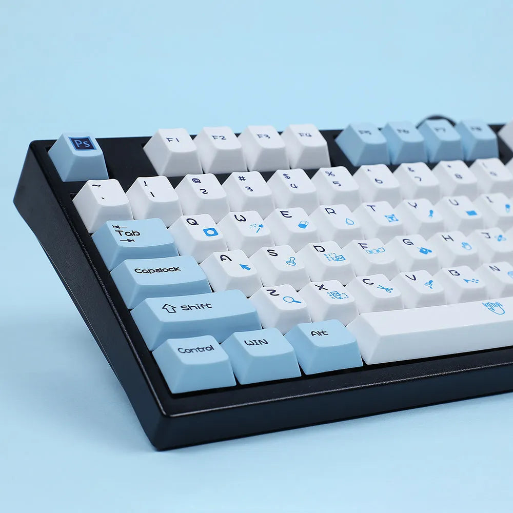 PlayStation controller themed mechanical keyboard keycaps in blue and white sublimation design