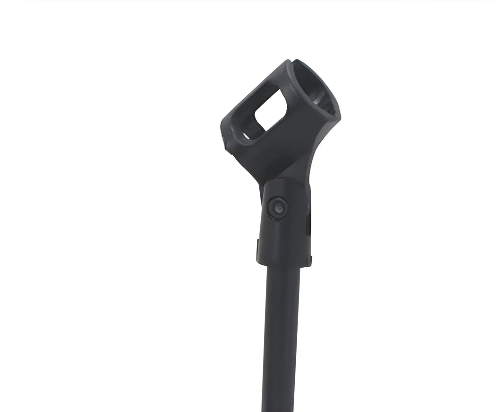 Black steel desktop microphone bracket with circular base and plastic microphone clip