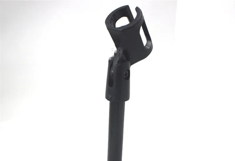 Black steel desktop microphone bracket with circular base and plastic microphone clip