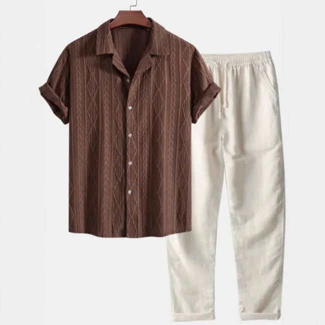 Men's casual short sleeve linen suit set with digital camouflage print in slim fit