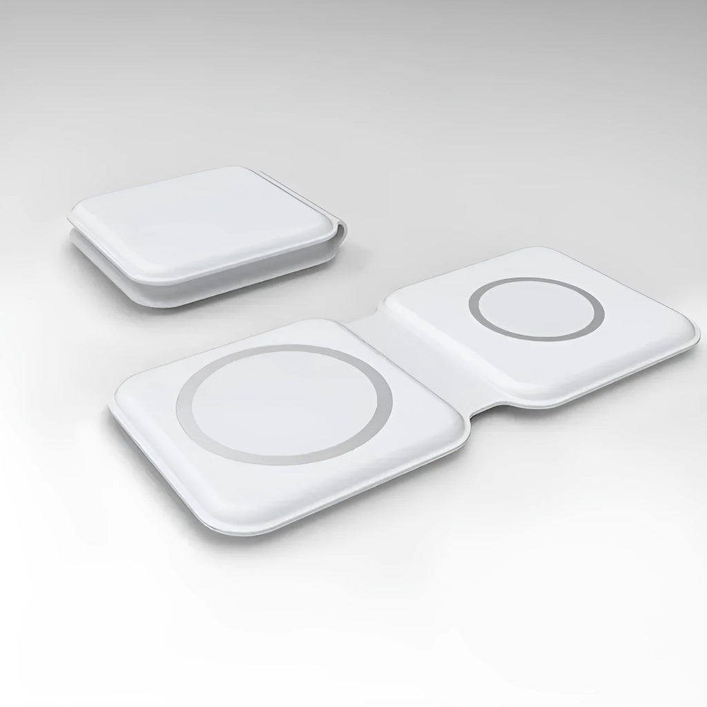 White foldable magnetic wireless charging dock showing dual charging surfaces and Type-C port