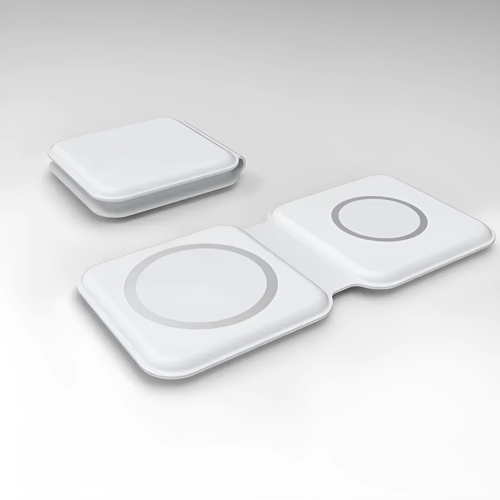 White foldable magnetic wireless charging dock showing dual charging surfaces and Type-C port