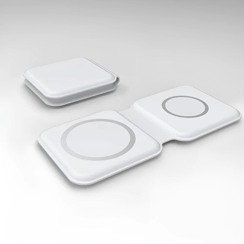 White foldable magnetic wireless charging dock showing dual charging surfaces and Type-C port