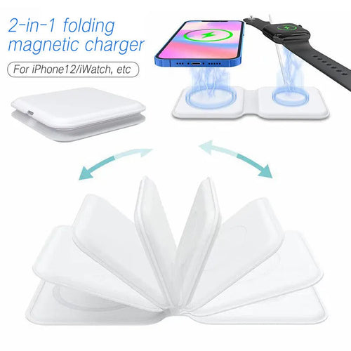 White foldable magnetic wireless charging dock showing dual charging surfaces and Type-C port