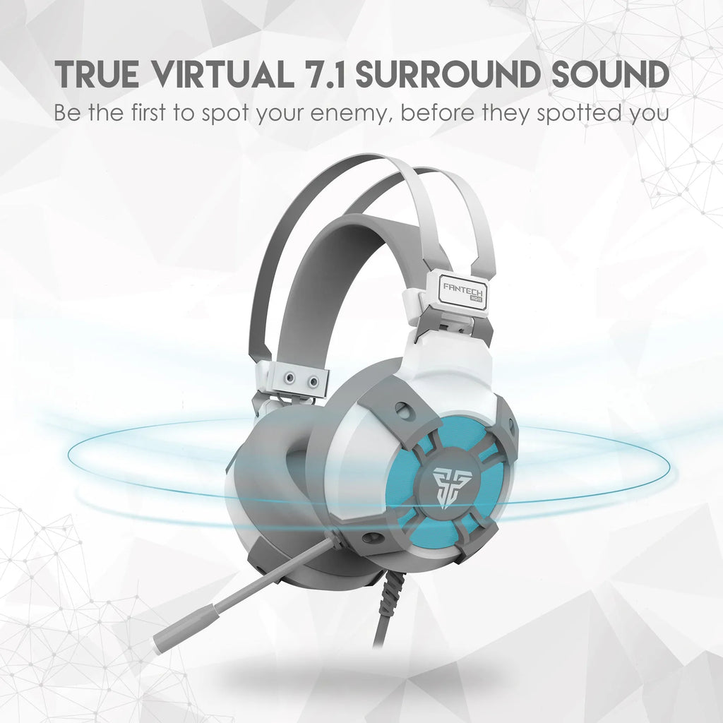 Black FANTECH HG11 USB gaming headset with RGB lights on ear cups and a cable with remote control.
