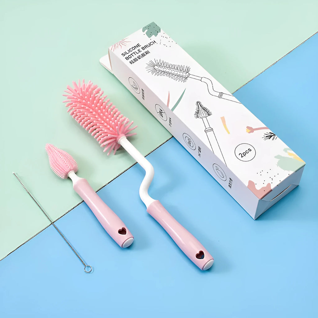 Silicone baby bottle brush and straw cleaning set in pink, blue, and yellow colour options