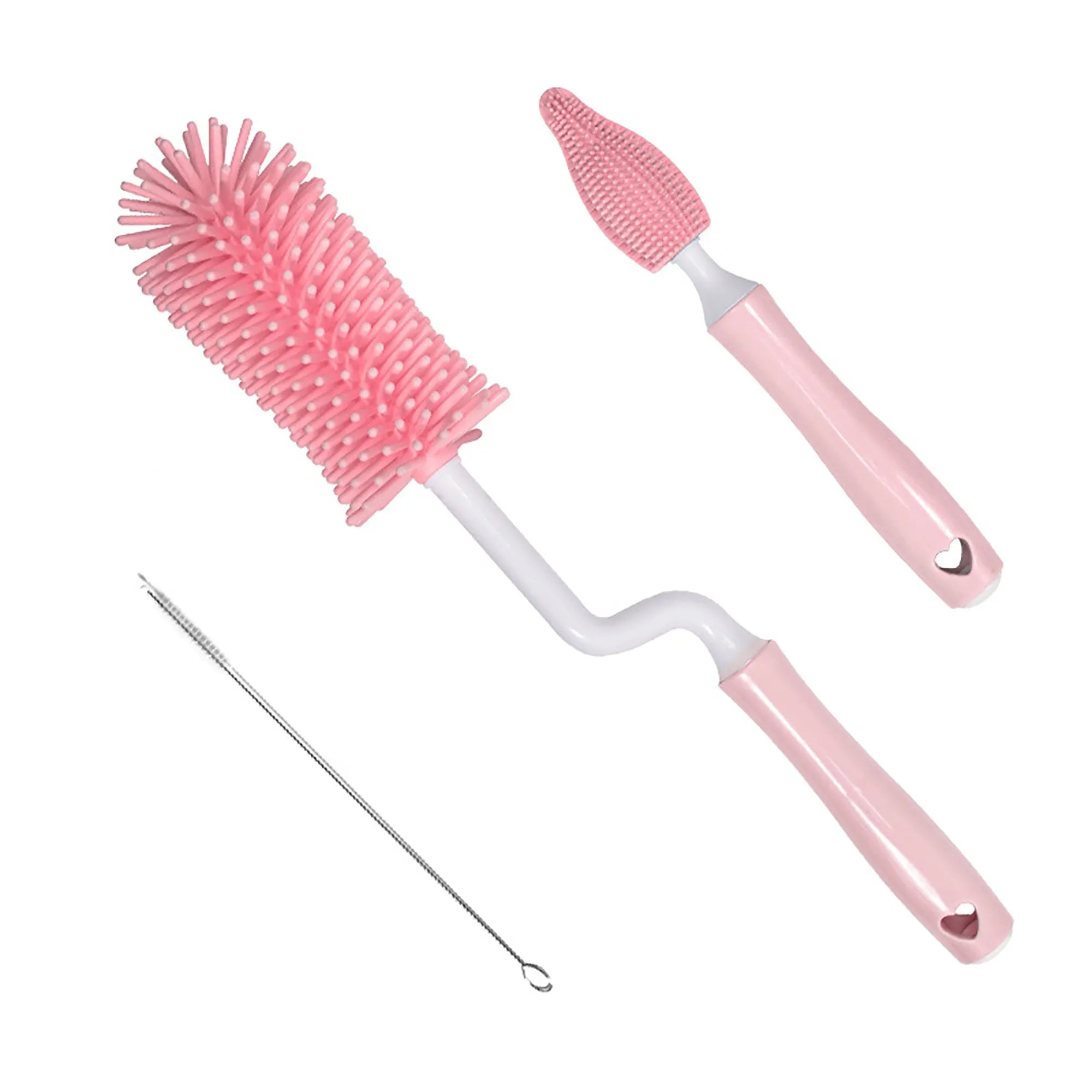 Silicone baby bottle brush and straw cleaning set in pink, blue, and yellow colour options