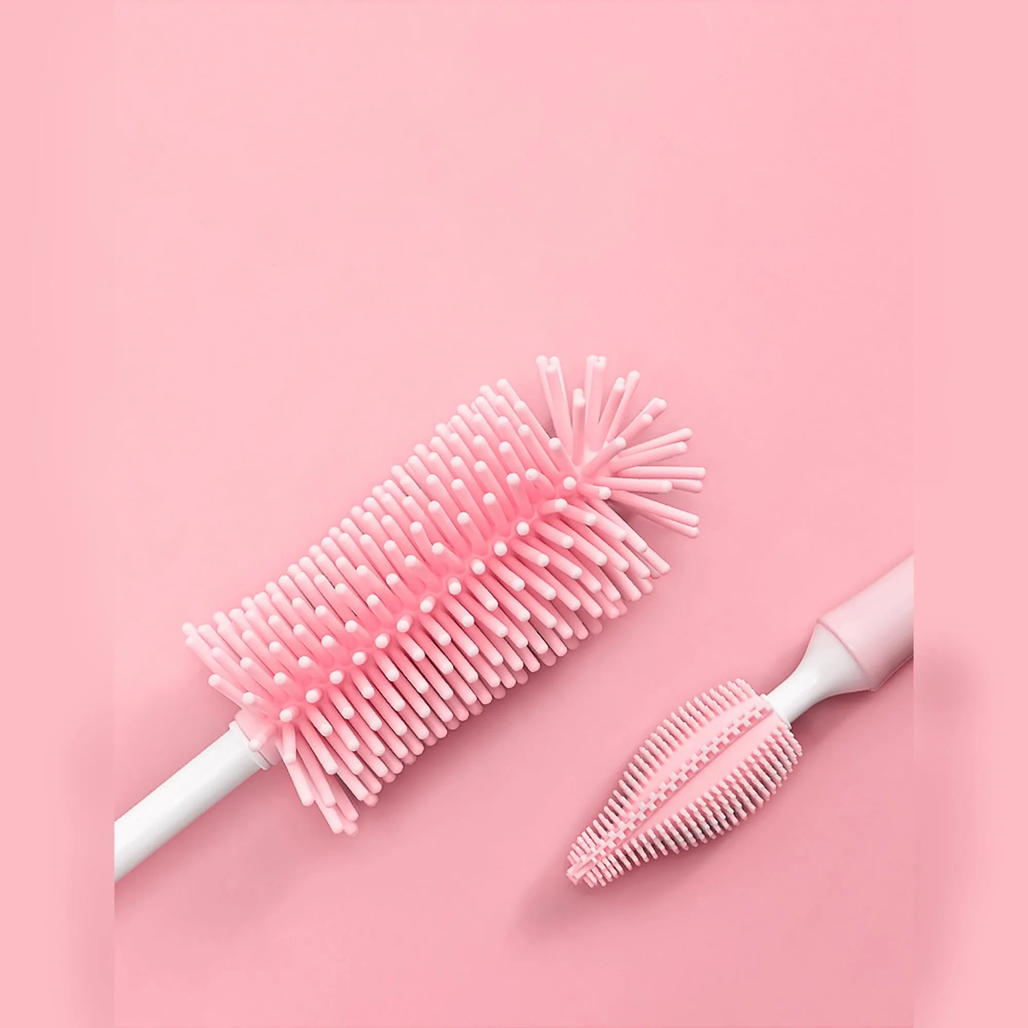 Silicone baby bottle brush and straw cleaning set in pink, blue, and yellow colour options