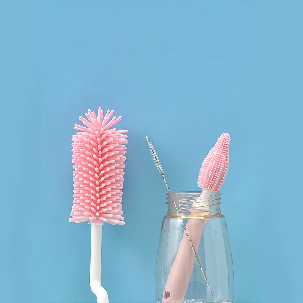 Silicone baby bottle brush and straw cleaning set in pink, blue, and yellow colour options