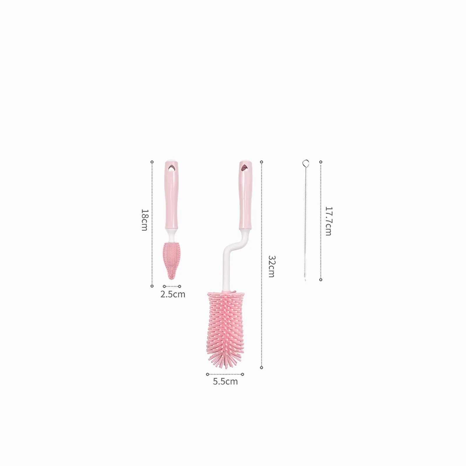 Silicone baby bottle brush and straw cleaning set in pink, blue, and yellow colour options