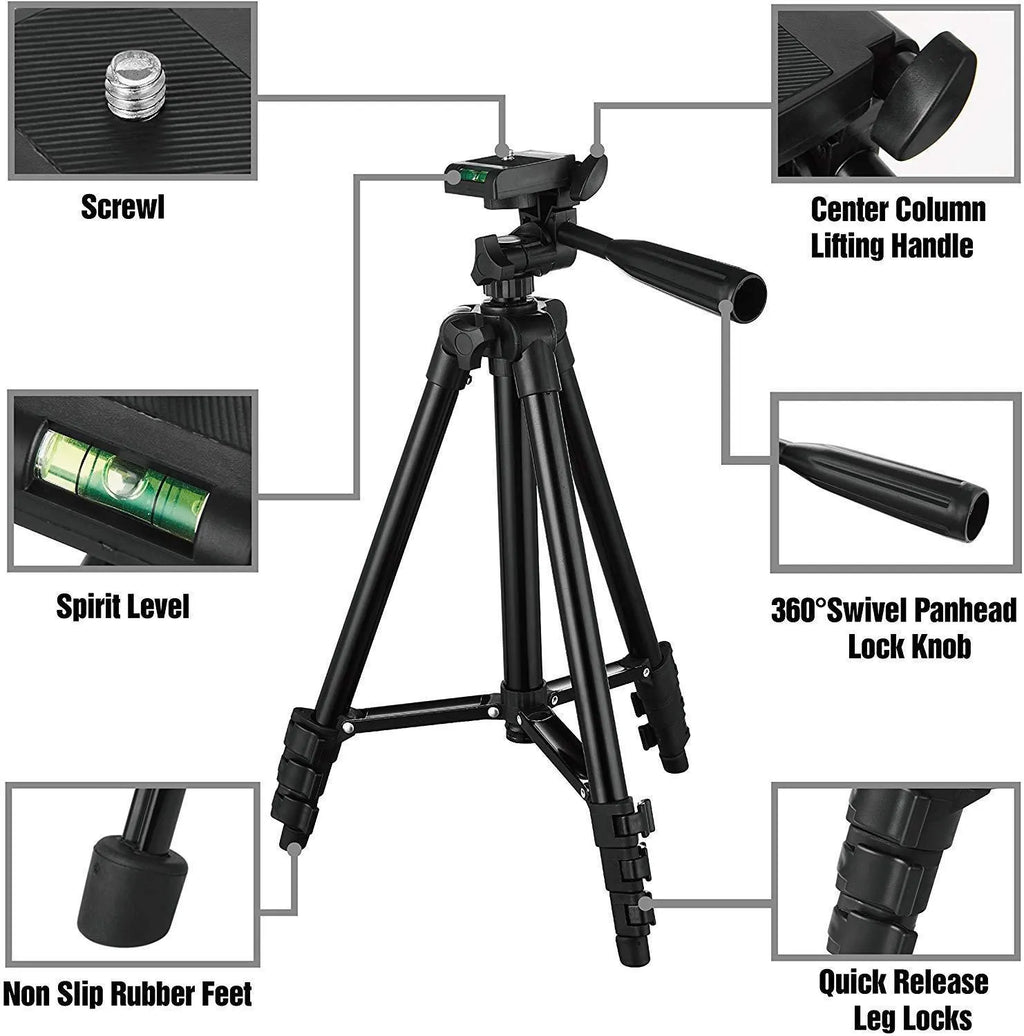 Black portable camera tripod extended to maximum height with quick-release plate