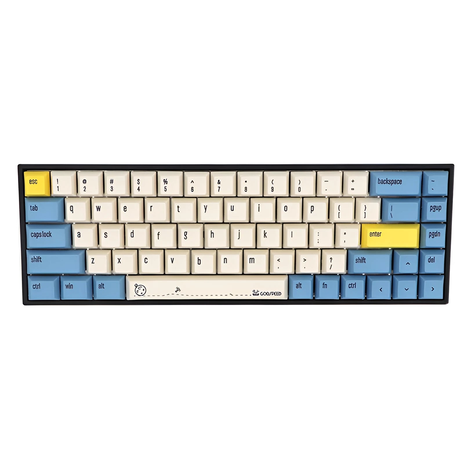 Set of 68 PBT plastic keycaps for a mechanical keyboard in assorted colours on a grey background.