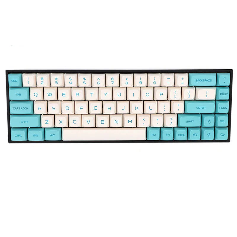 Set of 68 PBT plastic keycaps for a mechanical keyboard in assorted colours on a grey background.