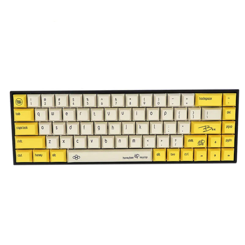 Set of 68 PBT plastic keycaps for a mechanical keyboard in assorted colours on a grey background.